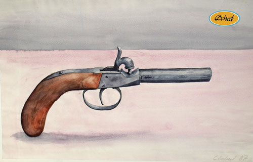 Charlotte Scheel akavarel water color antik pistol antique gun 