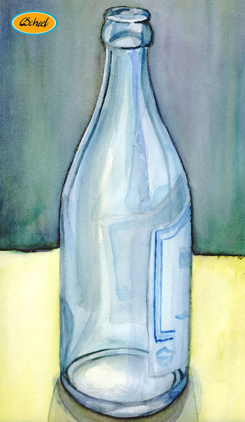 Charlotte Scheel akvarel opstilling nature morte water color flaske bottle