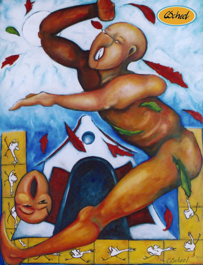 løbende running man mand høns chickens symbolistisk maleri symbolic art